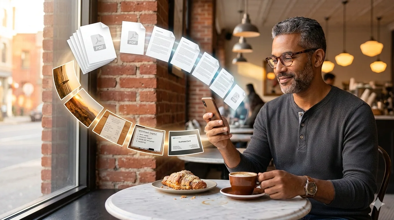 Illustration of multiple JPG images being combined into a PDF document